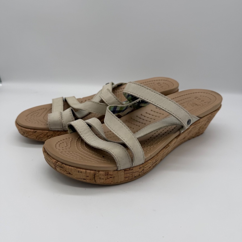 Crocs A-Leigh Wedge Sandals Womens 10 Cream Leather Strappy Cork Heel Slides